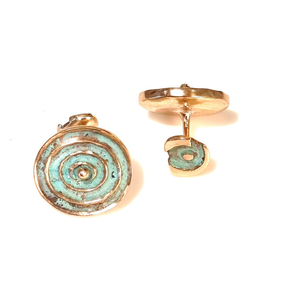 Round, bronze cufflinks with blue, green turquoise patina. Large cufflinks ideal for a special occasion such as Weddings for grooms or the best man, or as a perfect engagement or Valentine's Day gift.
