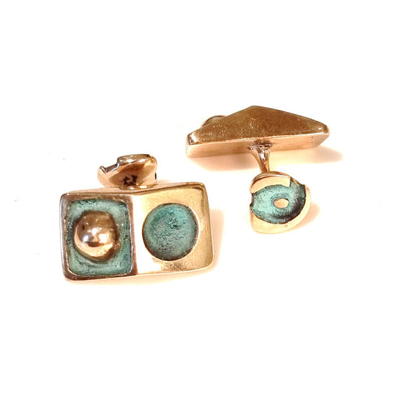 Pair of bronze rectangular bronze cufflinks showing the front and back